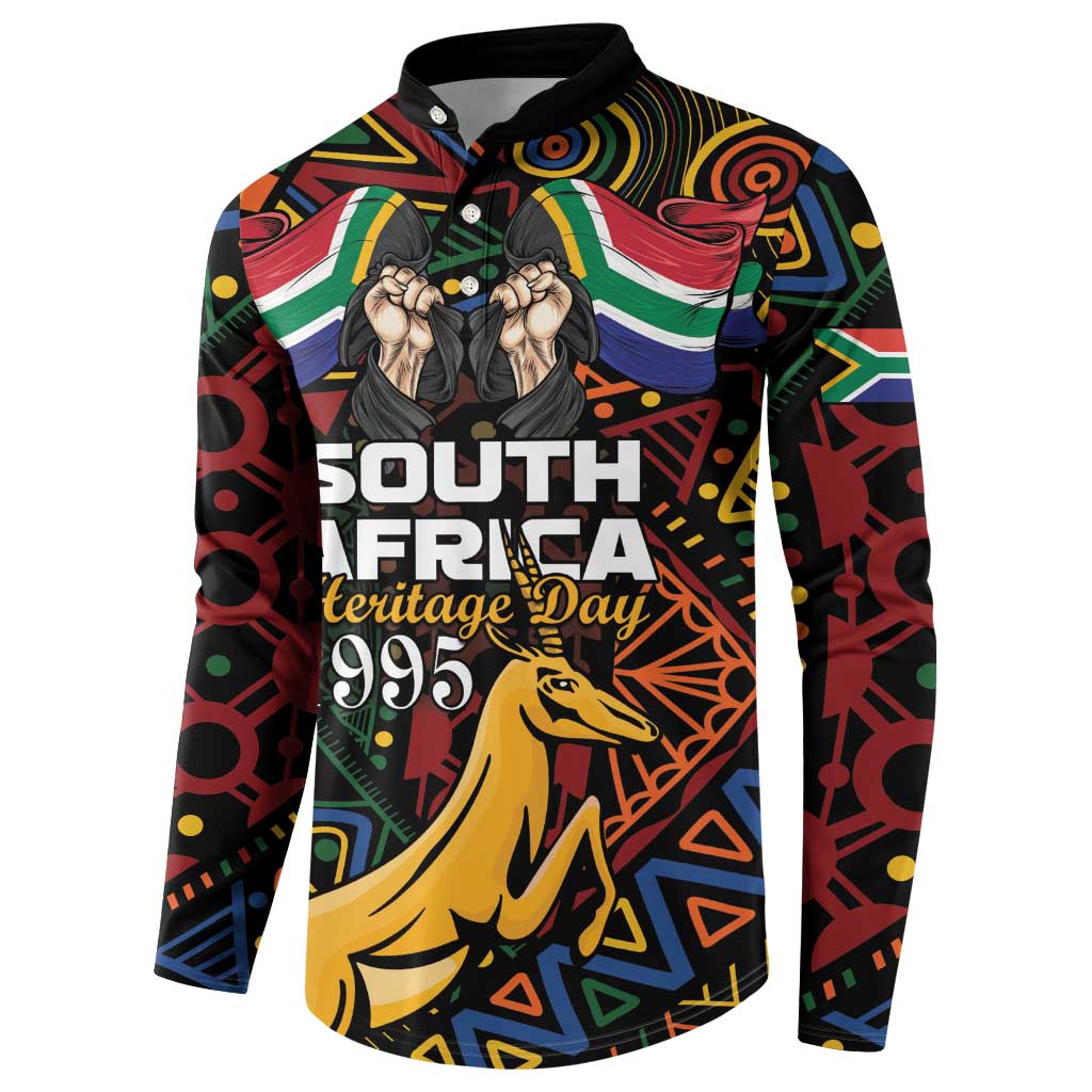 Black button sweatshirt with South Africa Heritage Day 1995 text and large springbok