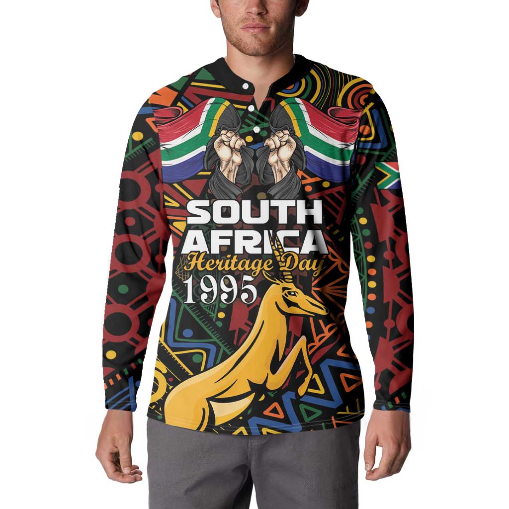 Black button sweatshirt with South Africa Heritage Day 1995 print and springbok graphic