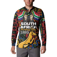 Black button sweatshirt with South Africa Heritage Day 1995 print and springbok graphic