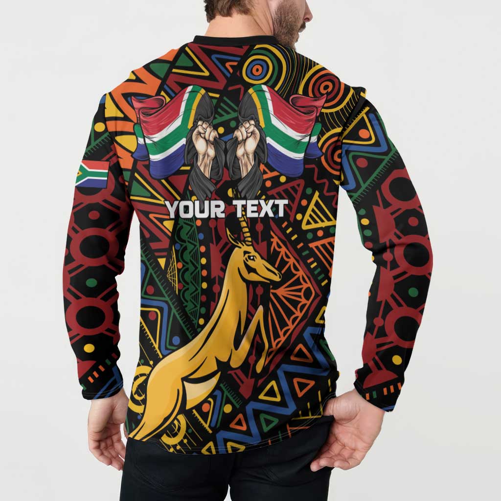 Black button sweatshirt with back Your Text panel and colorful springbok artwork