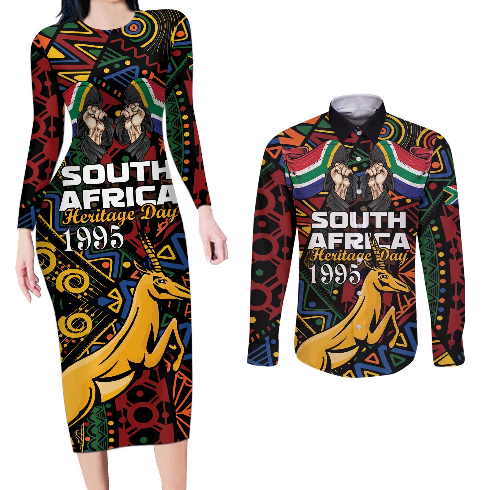 South African Heritage Day Couples Matching Long Sleeve Bodycon Dress and Long Sleeve Button Shirt Springbok African Pattern - Wonder Print Shop