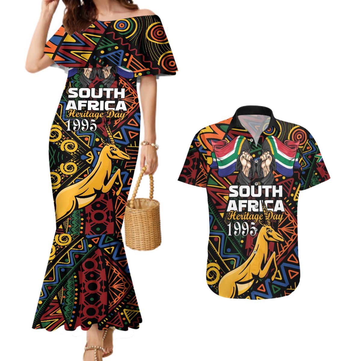 South African Heritage Day Couples Matching Mermaid Dress and Hawaiian Shirt Springbok African Pattern - Wonder Print Shop