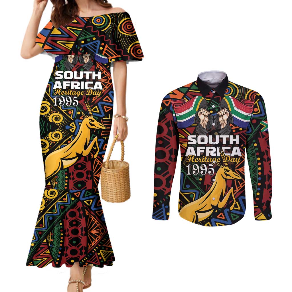 South African Heritage Day Couples Matching Mermaid Dress and Long Sleeve Button Shirt Springbok African Pattern