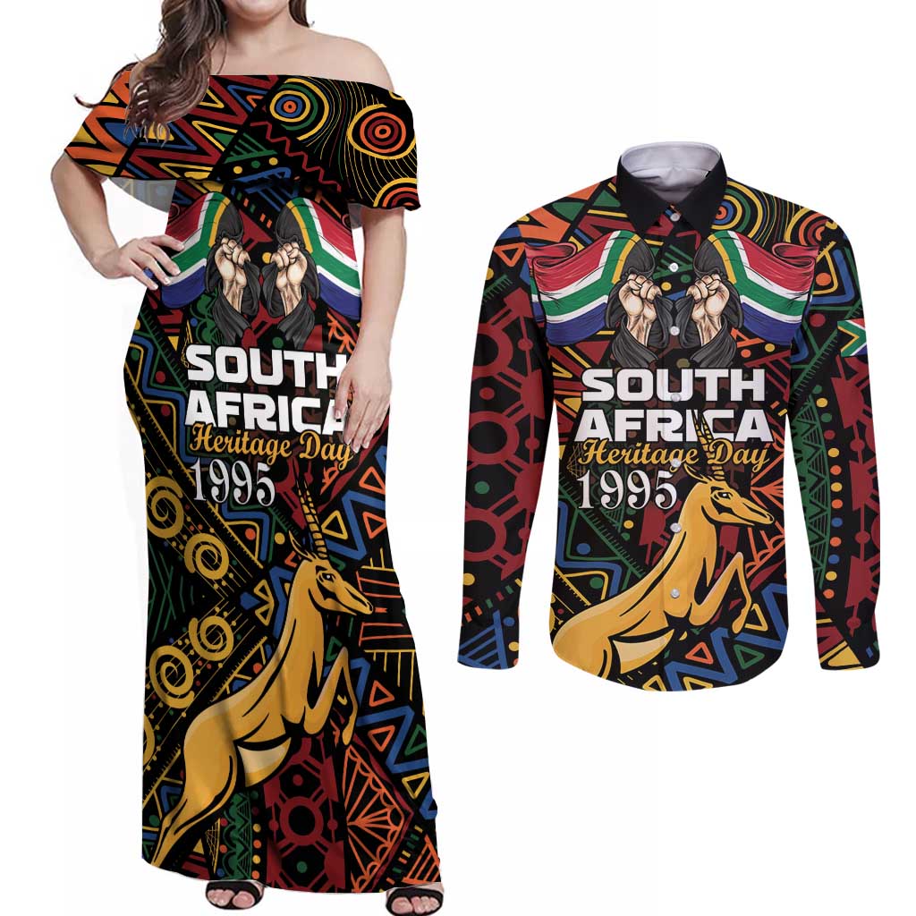 South African Heritage Day Couples Matching Off Shoulder Maxi Dress and Long Sleeve Button Shirt Springbok African Pattern - Wonder Print Shop