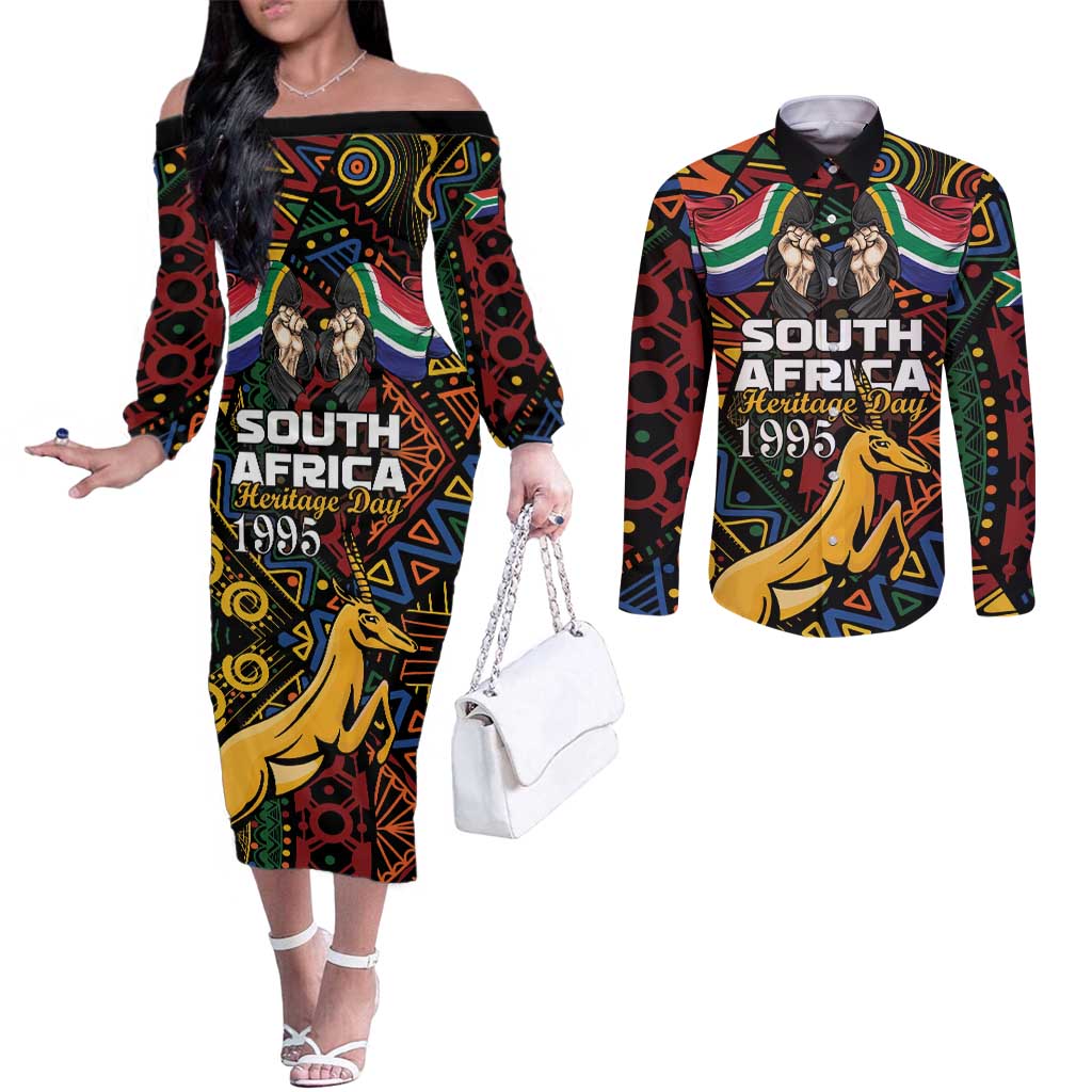 South African Heritage Day Couples Matching Off The Shoulder Long Sleeve Dress and Long Sleeve Button Shirt Springbok African Pattern