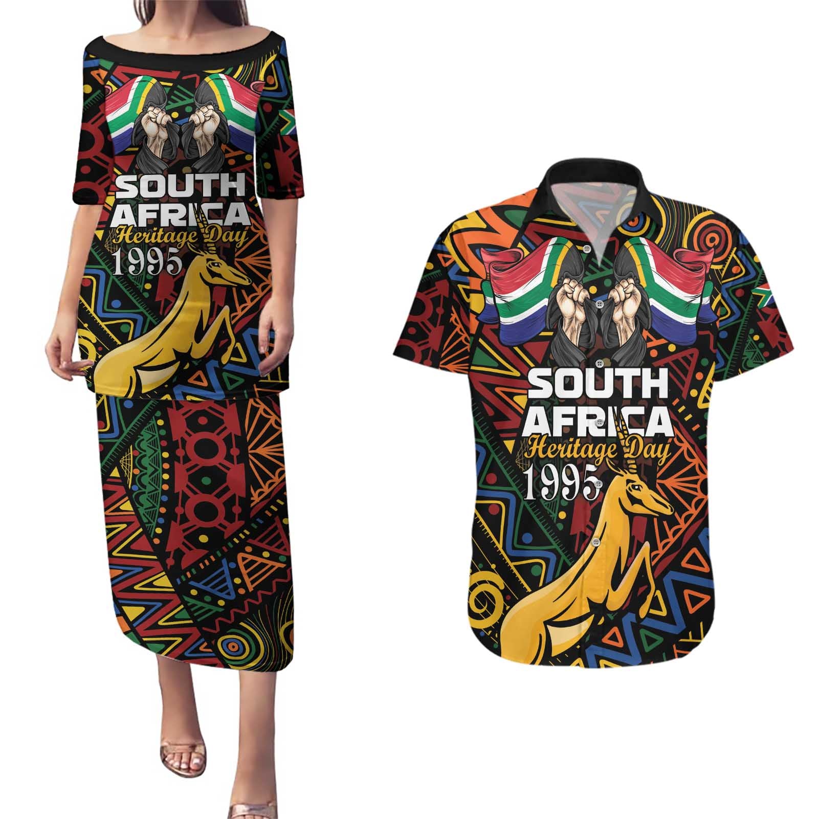 South African Heritage Day Couples Matching Puletasi and Hawaiian Shirt Springbok African Pattern - Wonder Print Shop