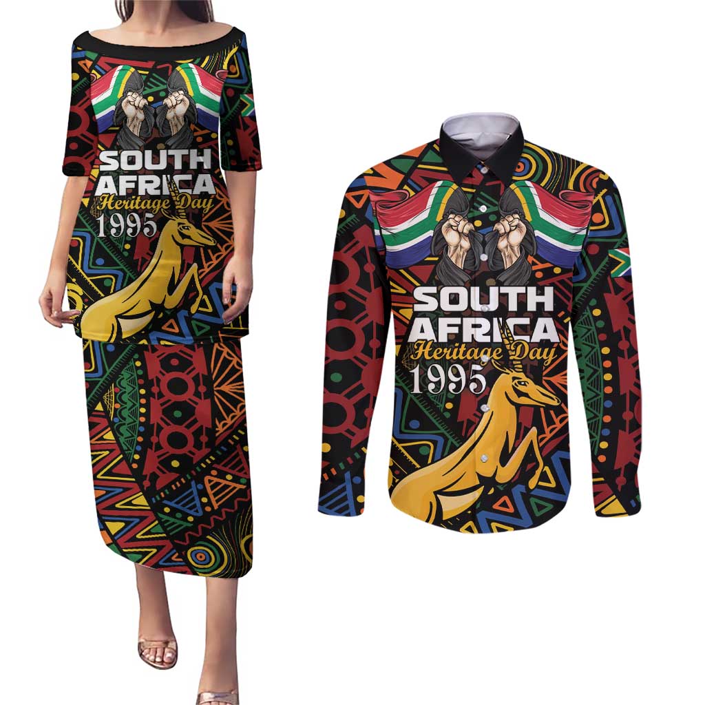 South African Heritage Day Couples Matching Puletasi and Long Sleeve Button Shirt Springbok African Pattern - Wonder Print Shop