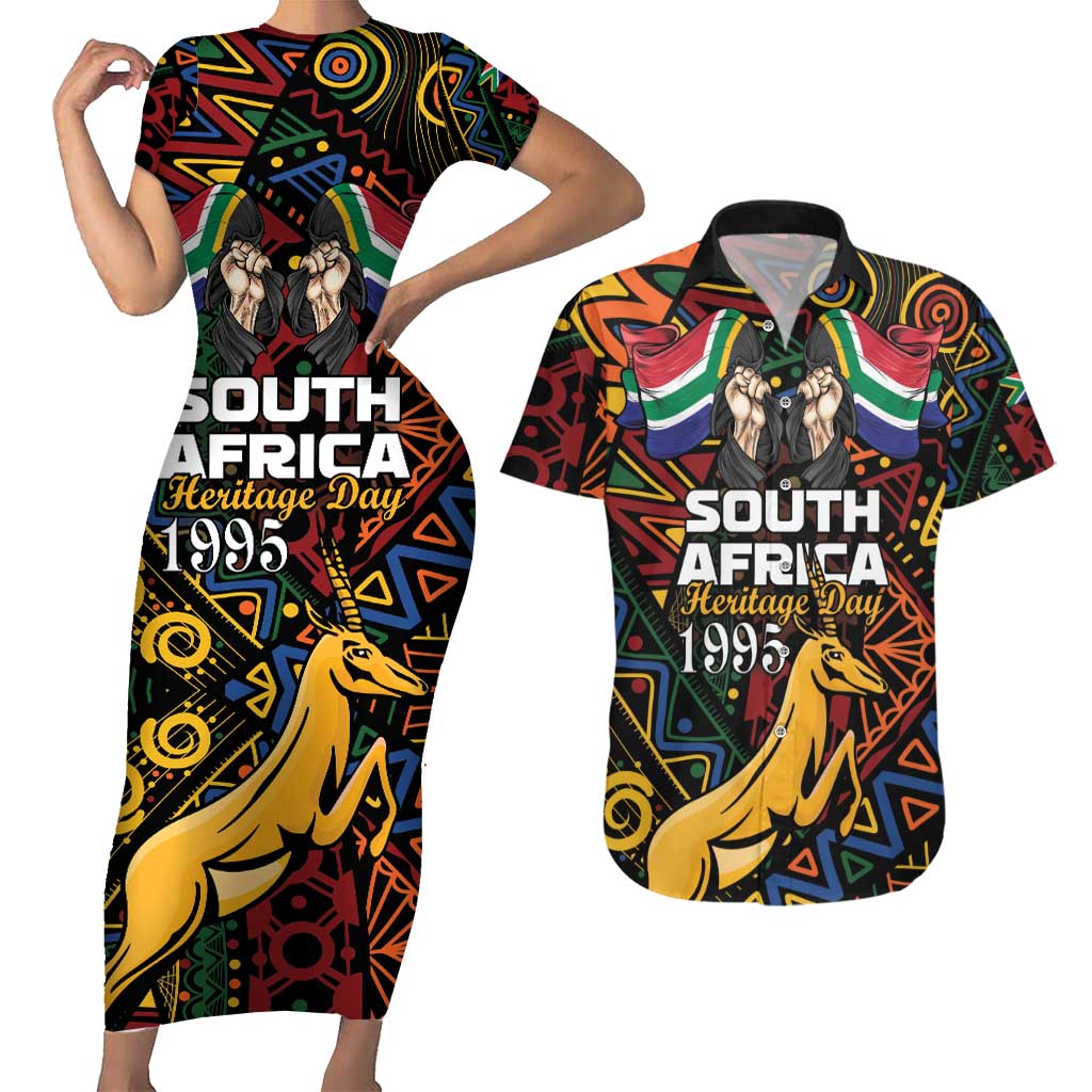 South African Heritage Day Couples Matching Short Sleeve Bodycon Dress and Hawaiian Shirt Springbok African Pattern - Wonder Print Shop