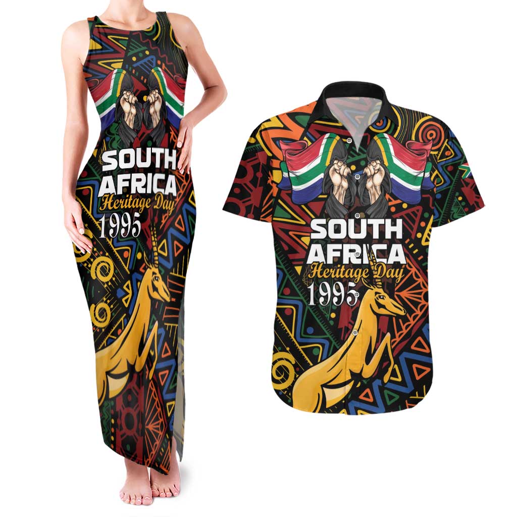 South African Heritage Day Couples Matching Tank Maxi Dress and Hawaiian Shirt Springbok African Pattern - Wonder Print Shop