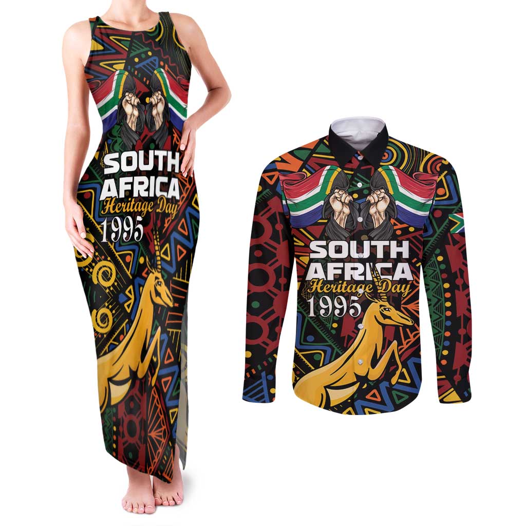 South African Heritage Day Couples Matching Tank Maxi Dress and Long Sleeve Button Shirt Springbok African Pattern - Wonder Print Shop