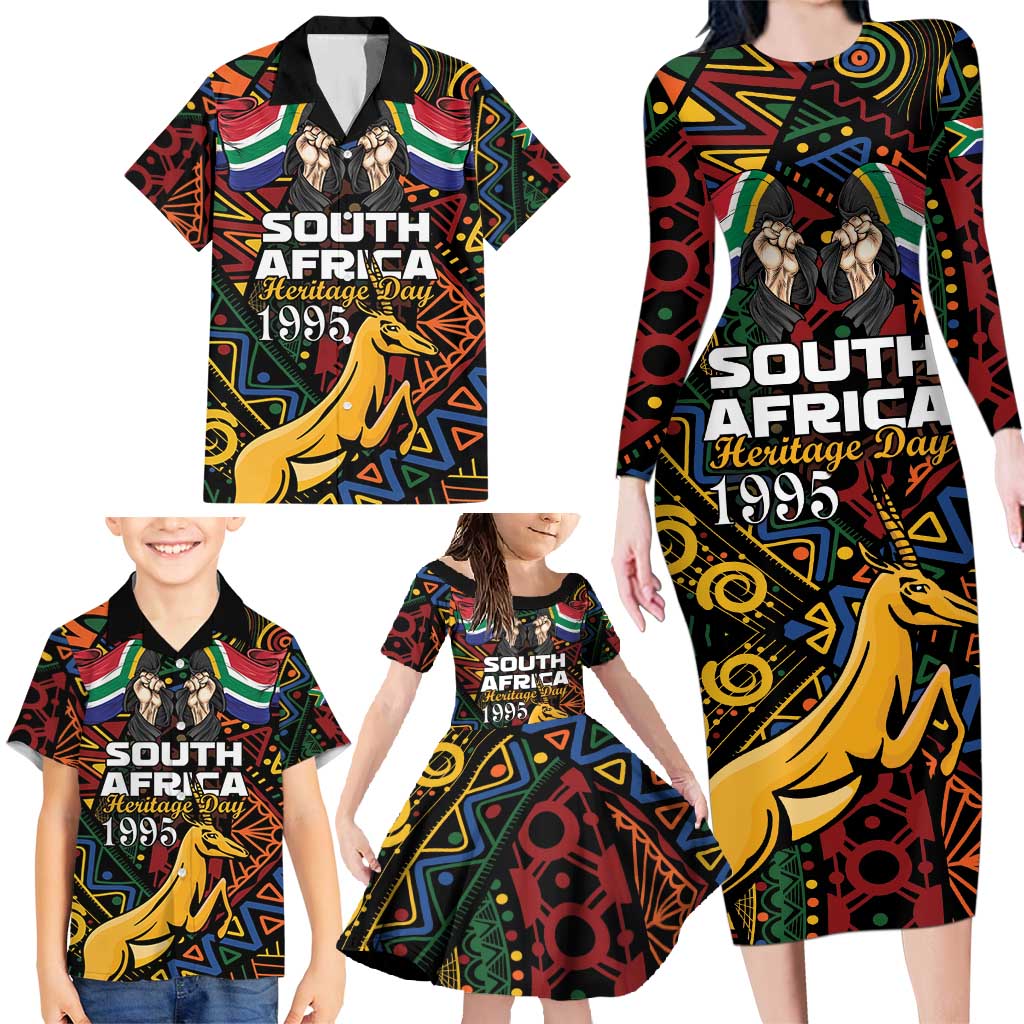 South African Heritage Day Family Matching Long Sleeve Bodycon Dress and Hawaiian Shirt Springbok African Pattern - Wonder Print Shop