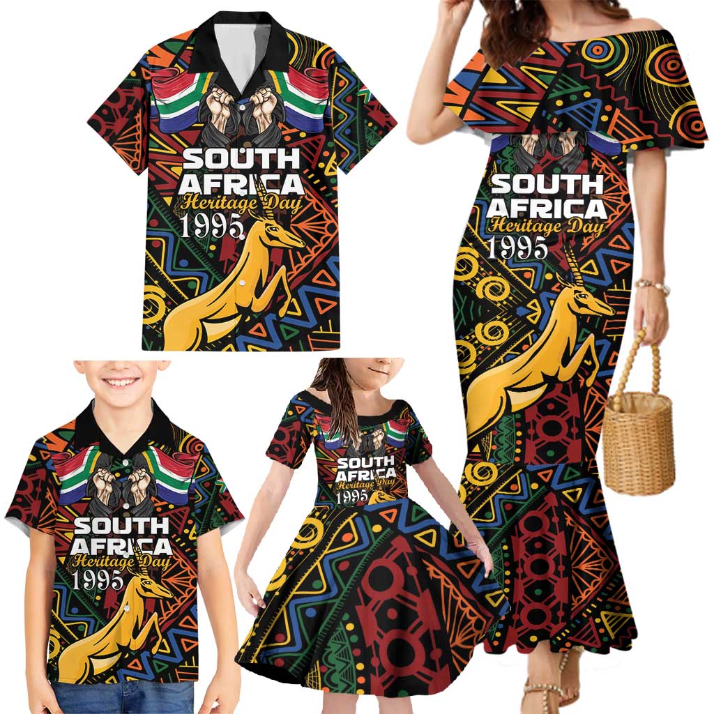 South African Heritage Day Family Matching Mermaid Dress and Hawaiian Shirt Springbok African Pattern - Wonder Print Shop