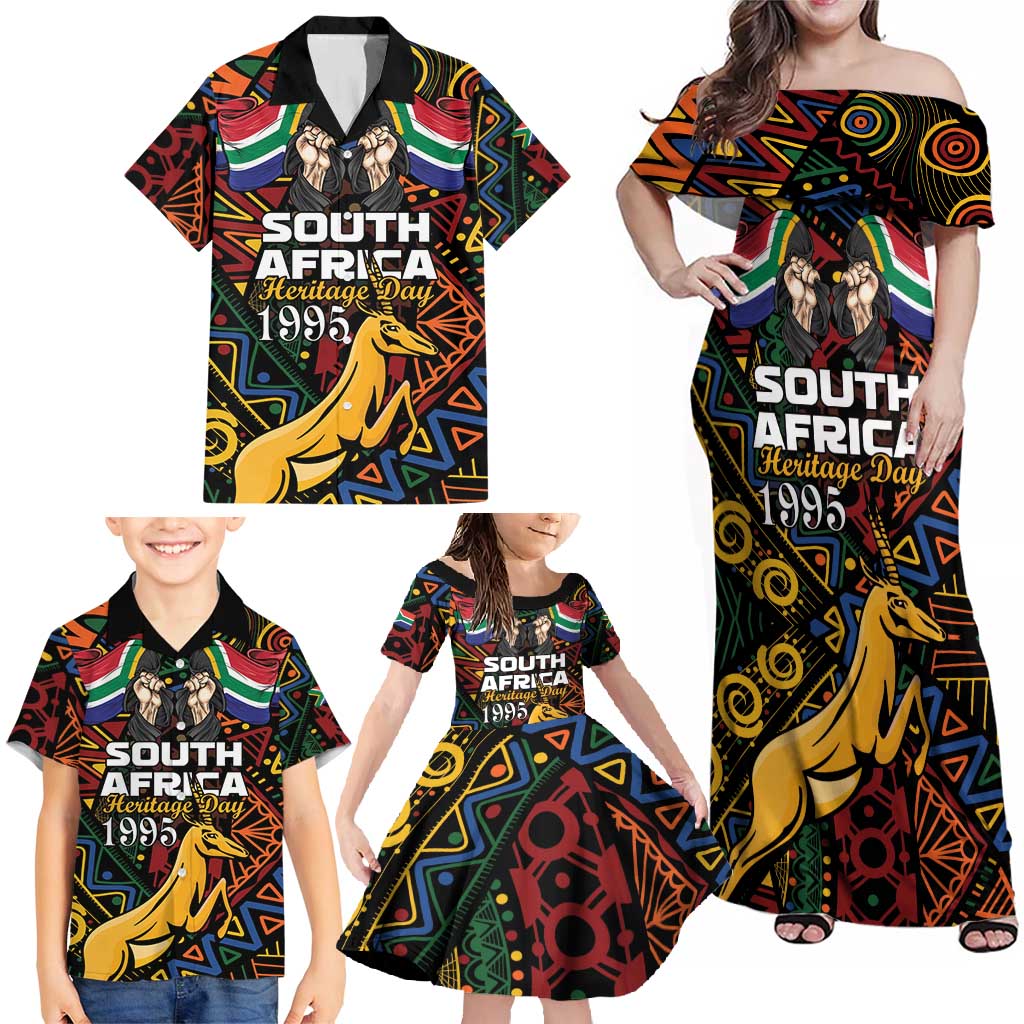 South African Heritage Day Family Matching Off Shoulder Maxi Dress and Hawaiian Shirt Springbok African Pattern - Wonder Print Shop