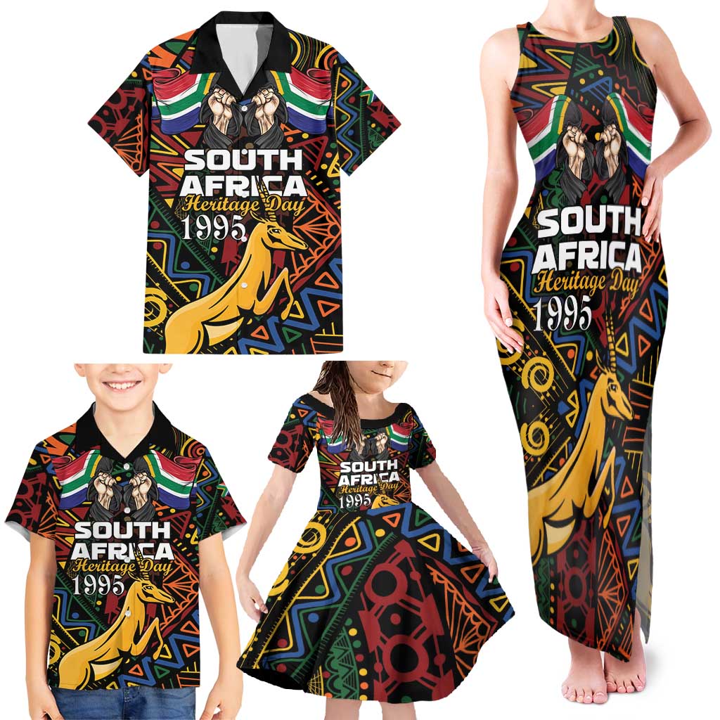 South African Heritage Day Family Matching Tank Maxi Dress and Hawaiian Shirt Springbok African Pattern - Wonder Print Shop