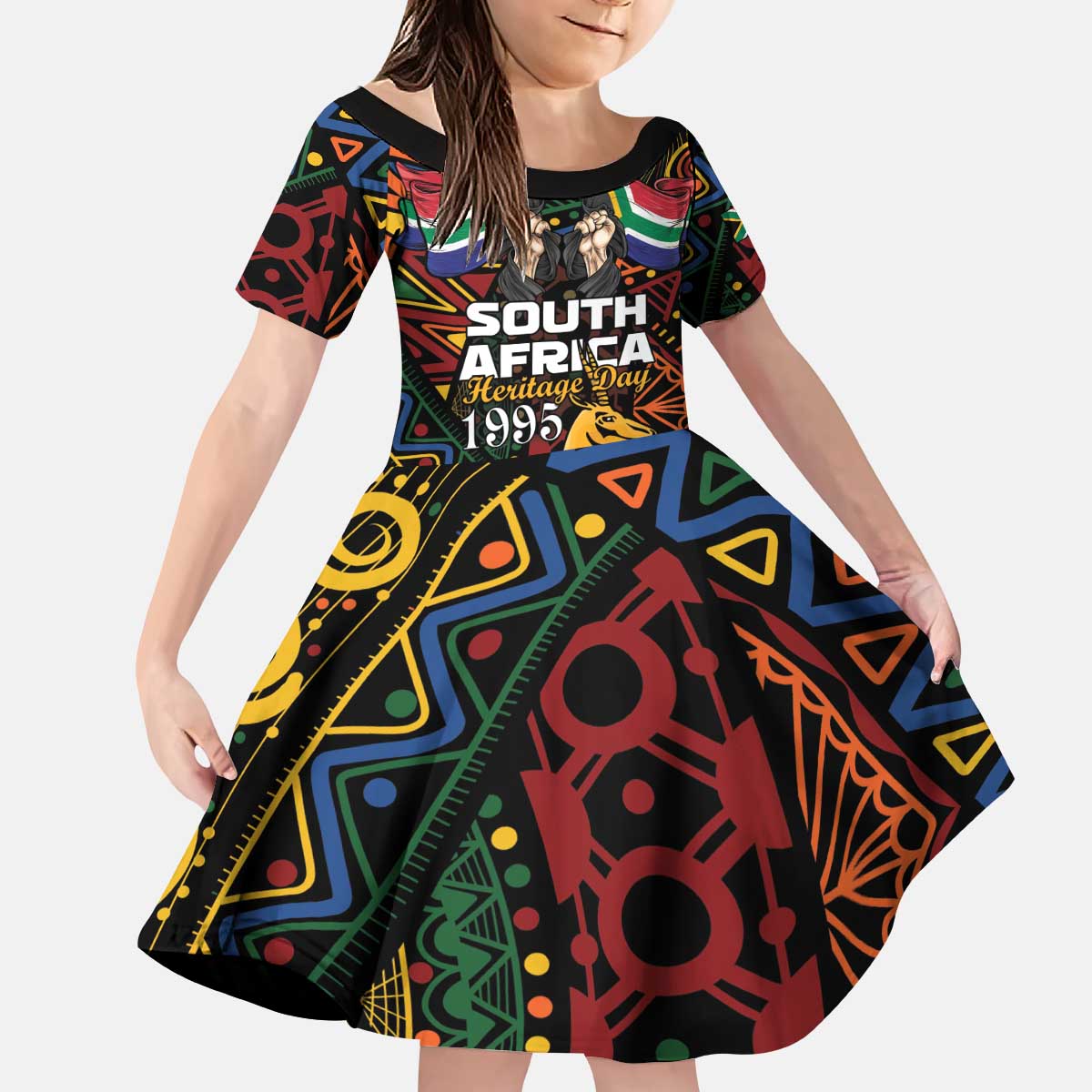 South African Heritage Day Kid Short Sleeve Dress Springbok African Pattern - Wonder Print Shop