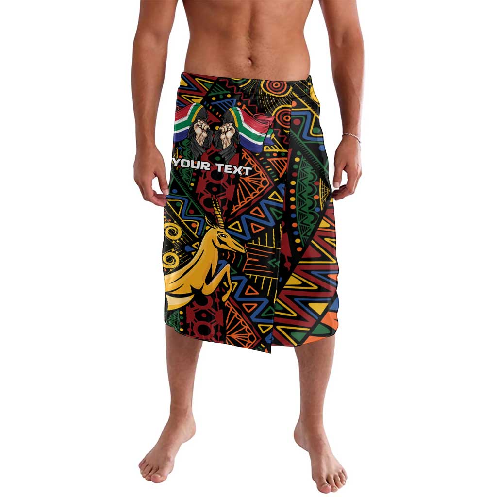 Men’s black lavalava with colorful African graphic pattern, knee-length wrap skirt
