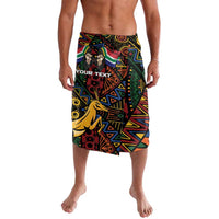 Men’s black lavalava with colorful African graphic pattern, knee-length wrap skirt