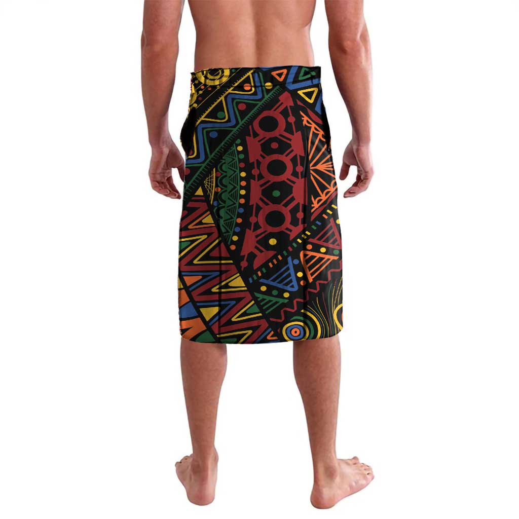 Men’s black knee-length lavalava skirt with geometric African print in green, red, yellow