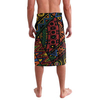 Men’s black knee-length lavalava skirt with geometric African print in green, red, yellow