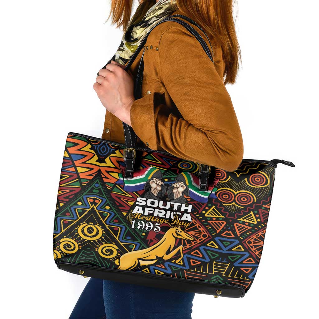 South African Heritage Day Leather Tote Bag Springbok African Pattern