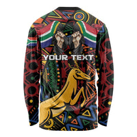 Black long-sleeve shirt with YOUR TEXT graphic, colorful Africa pattern and springbok
