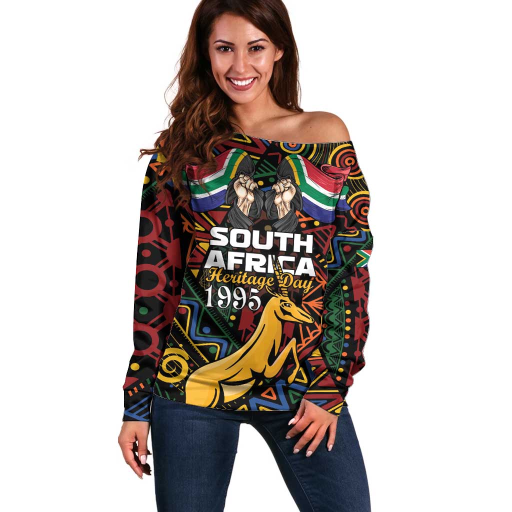 South African Heritage Day Off Shoulder Sweater Springbok African Pattern - Wonder Print Shop