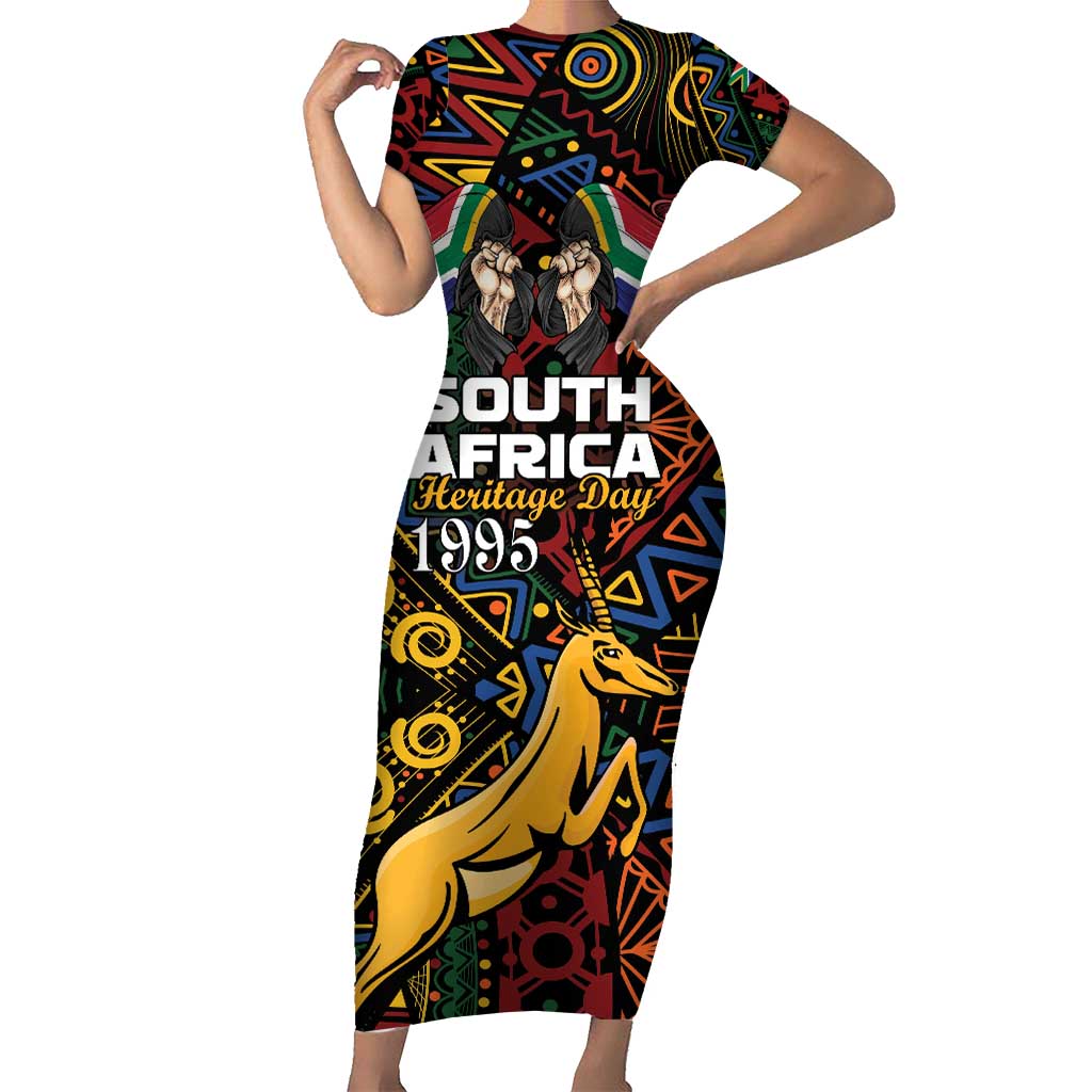 South African Heritage Day Short Sleeve Bodycon Dress Springbok African Pattern - Wonder Print Shop