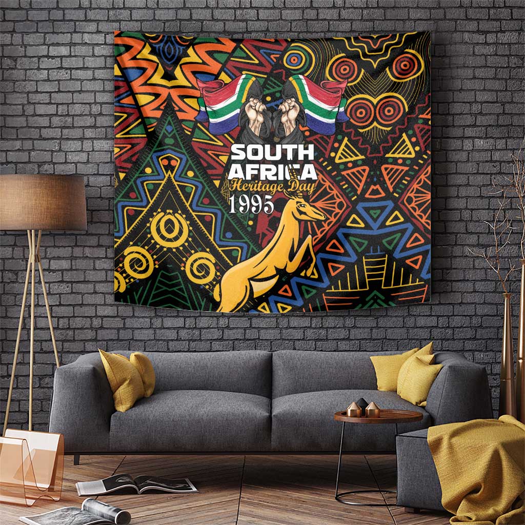 Black heritage day wall tapestry with Springbok figure and colorful tribal geometric design