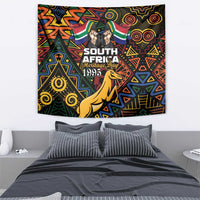 Black heritage day tapestry featuring Springbok, flags, and ornate geometric African pattern