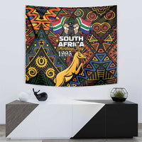 Black heritage day tapestry with Springbok and colorful African geometric motifs on display