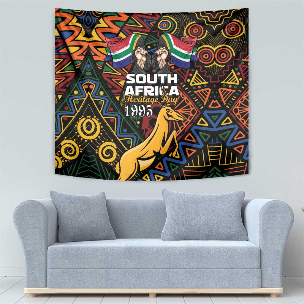 Black heritage day wall tapestry showing Springbok, flags, and vibrant geometric African pattern