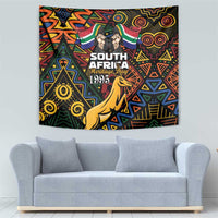 Black heritage day wall tapestry showing Springbok, flags, and vibrant geometric African pattern