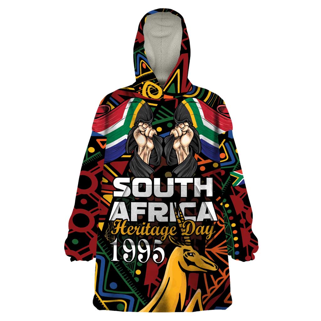 South African Heritage Day Wearable Blanket Hoodie Springbok African Pattern