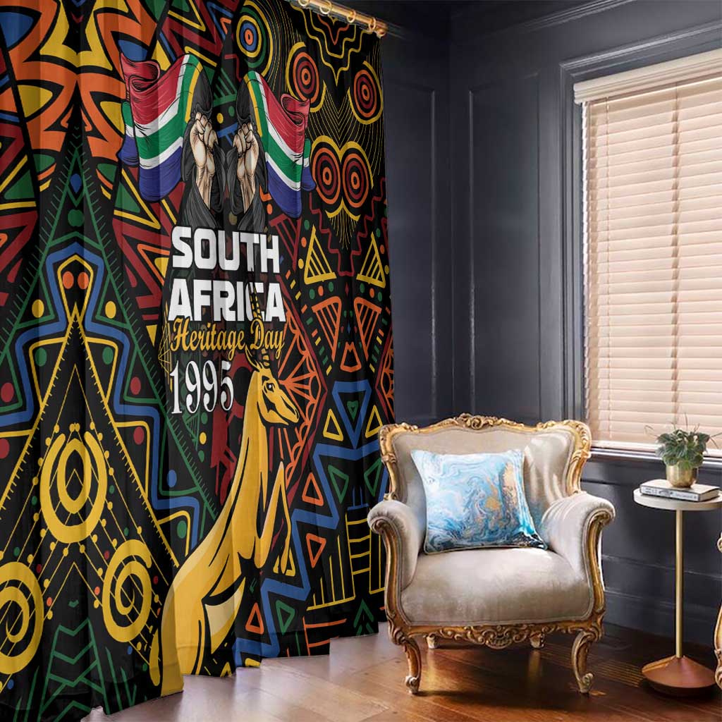 African heritage Day window curtain panels with colorful geometric pattern and springbok