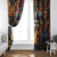African-pattern window curtains with black base, colorful figures, geometric shapes, springbok