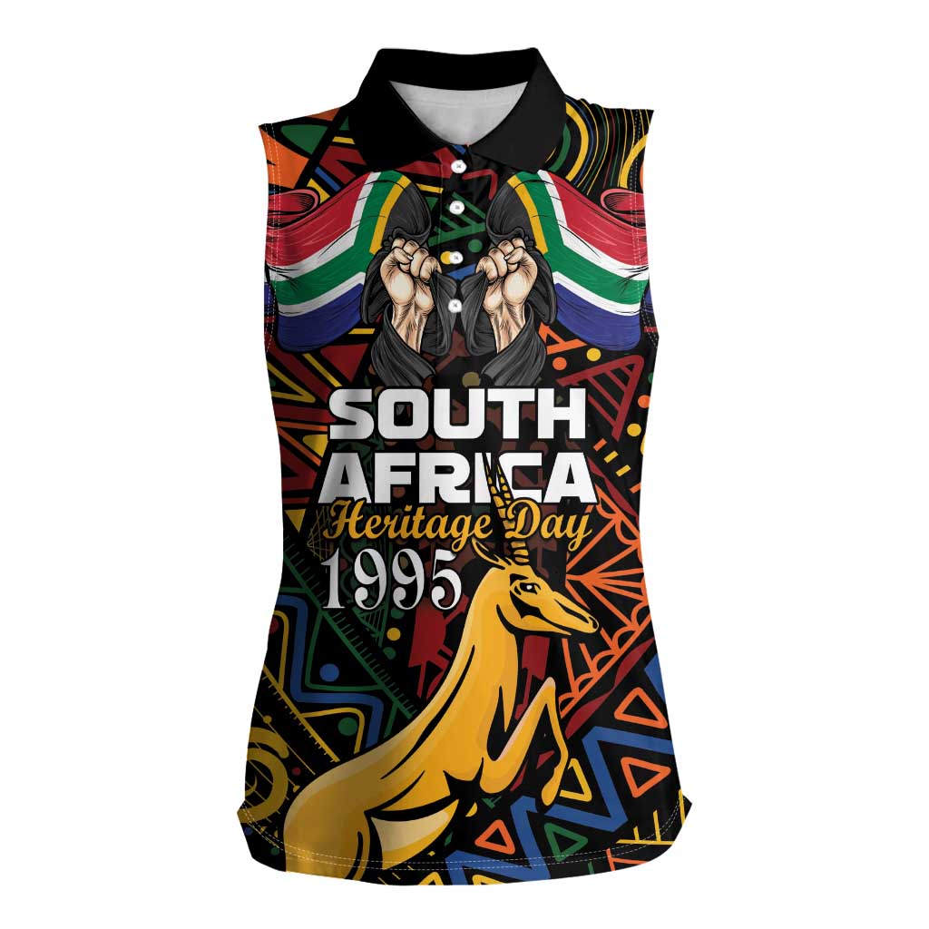 South African Heritage Day Women Sleeveless Polo Shirt Springbok African Pattern