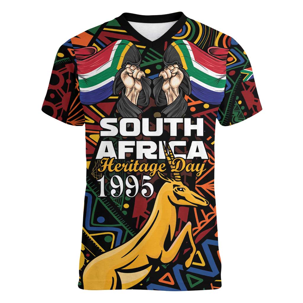 South African Heritage Day Women V-Neck T-Shirt Springbok African Pattern