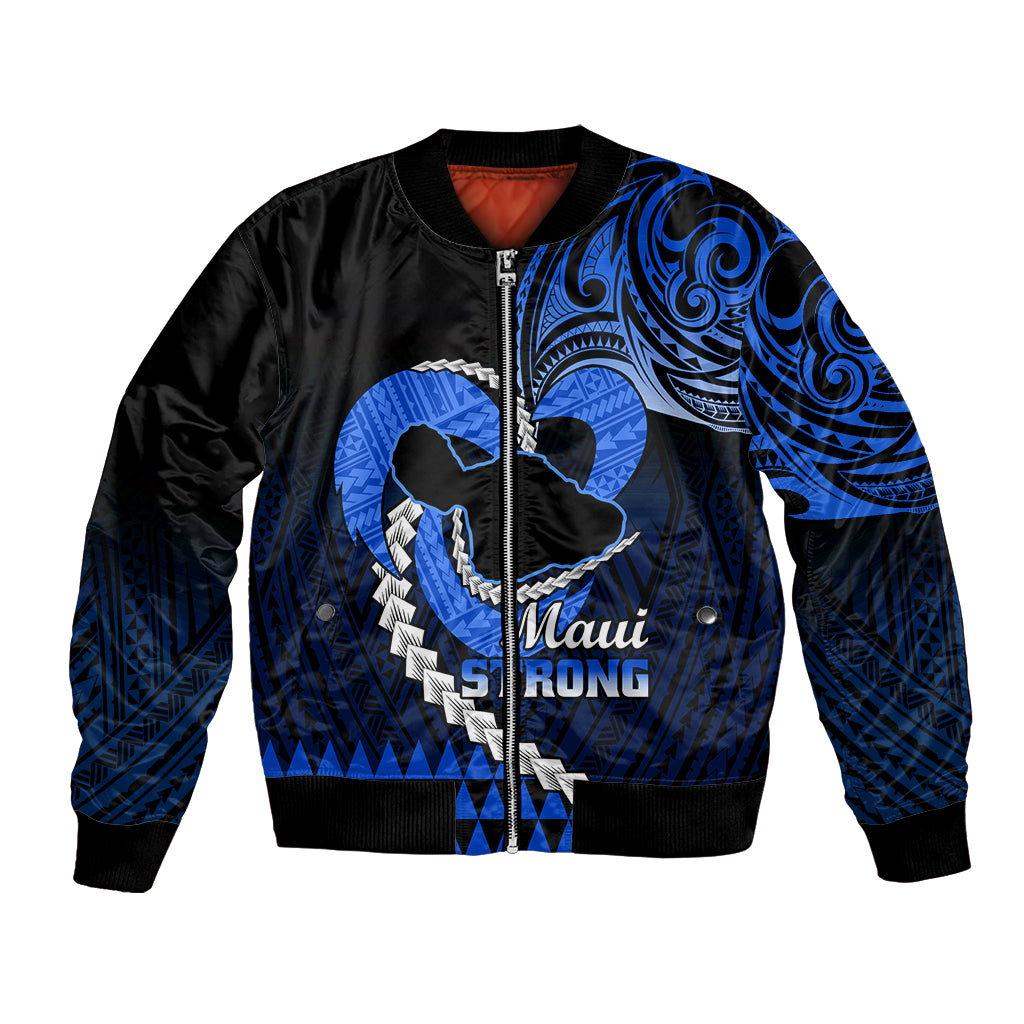 Personalized Hawaii bomber jacket with blue tribal Maui STRONG print, zip front