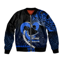 Personalized Hawaii bomber jacket with blue tribal Maui STRONG print, zip front