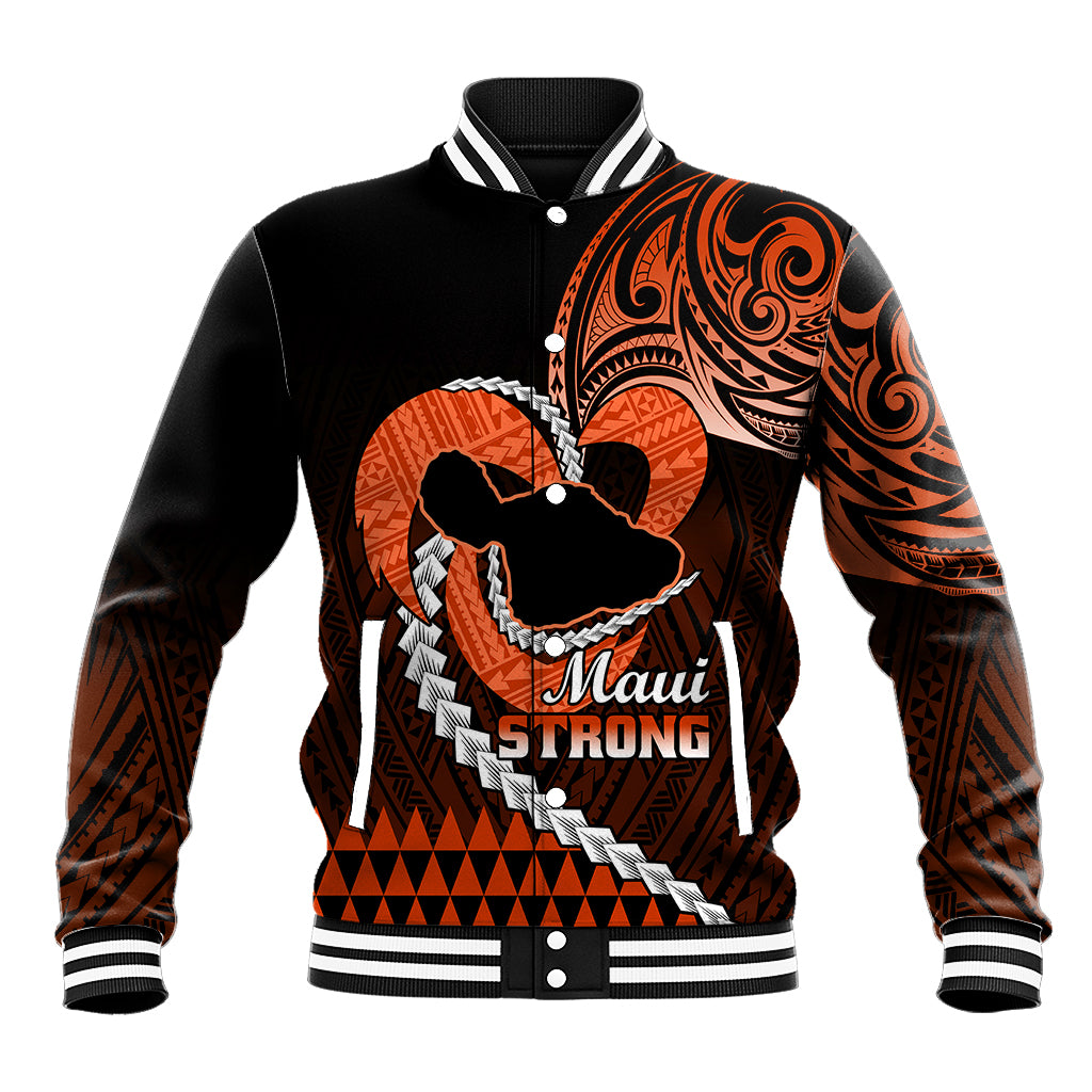 Orange and black baseball jacket with front buttons and Maui STRONG graphic, ribbed collar