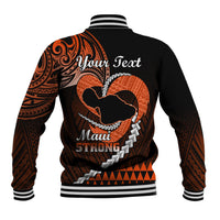 Back view of orange and black baseball jacket with 'Your Text' and Maui STRONG graphic