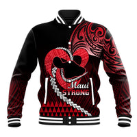 Black red baseball jacket with tribal print, ribbed collar/cuffs, snap front, Maui Strong graphic
