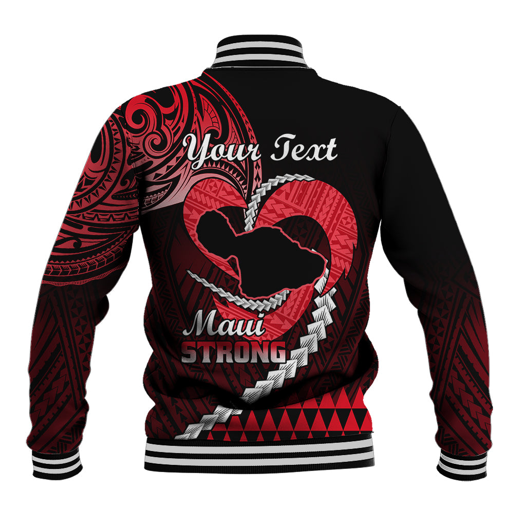 Black red baseball jacket back with red tribal sleeves, ribbed collar/cuffs, Your Text, Maui Strong