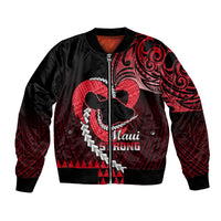 Black bomber jacket with red Hawaiian heart print, front zipper and ribbed cuffs