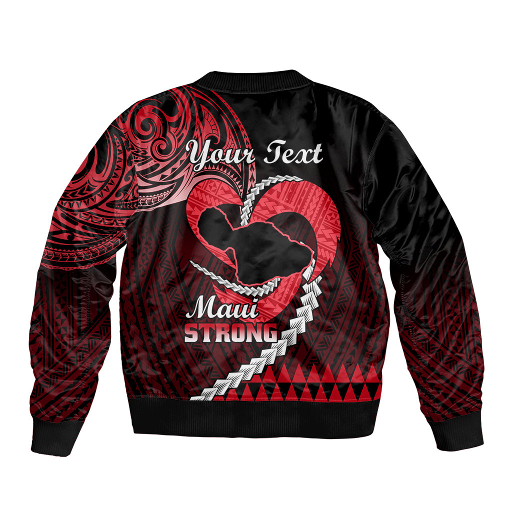 Black bomber jacket with red Hawaiian back print, Your Text and Maui Strong design