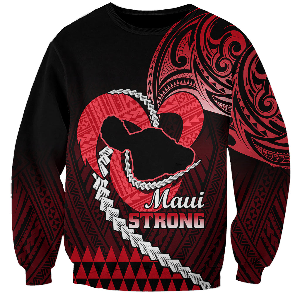 Unisex crewneck sweatshirt, black with red Maui Strong graphic and long sleeves