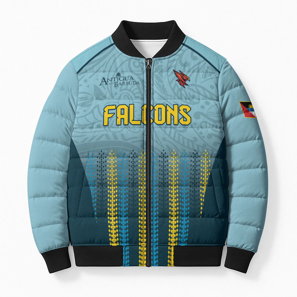 Custom Antigua and Barbuda 2026 Falcons Cricket Bomber Puffer Jacket Falcons Soaring High Blue Version