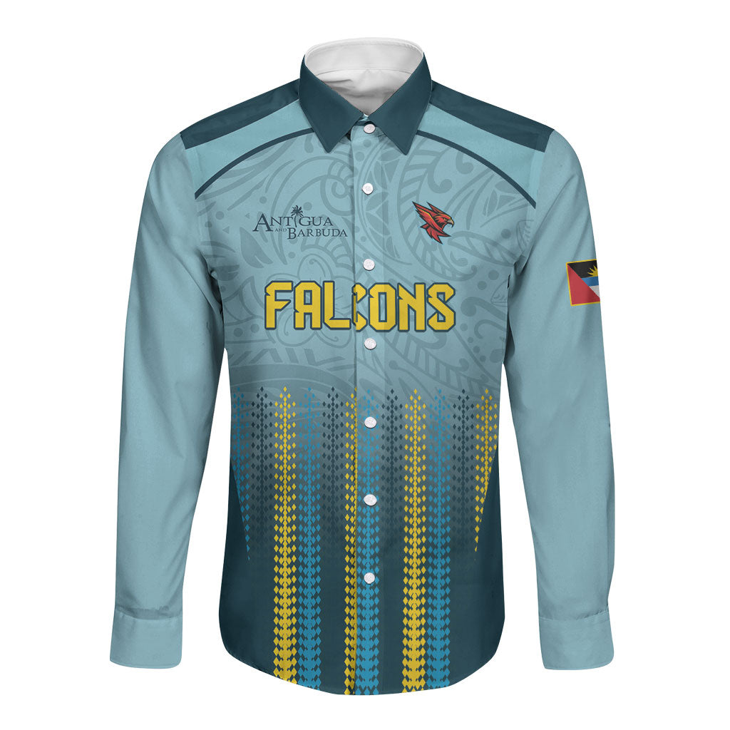 Custom Antigua and Barbuda 2026 Falcons Cricket Long Sleeve Button Shirt Falcons Soaring High Blue Version