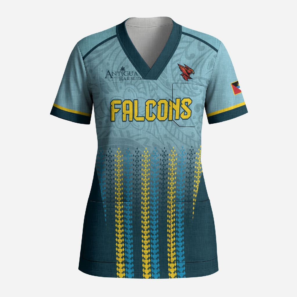 Custom Antigua and Barbuda 2026 Falcons Cricket Scrub Top Falcons Soaring High Blue Version