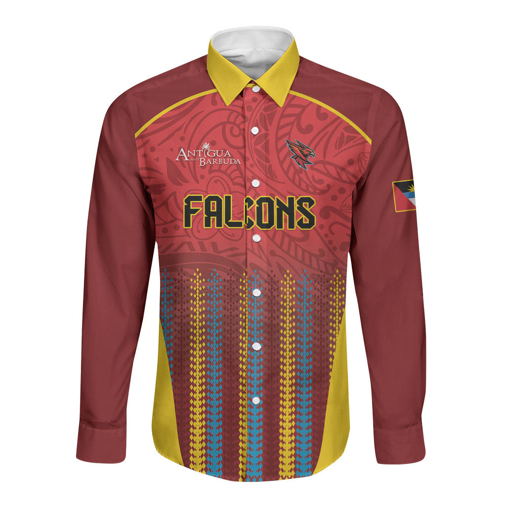 Custom Antigua and Barbuda 2026 Falcons Cricket Long Sleeve Button Shirt Falcons Soaring High Red Version